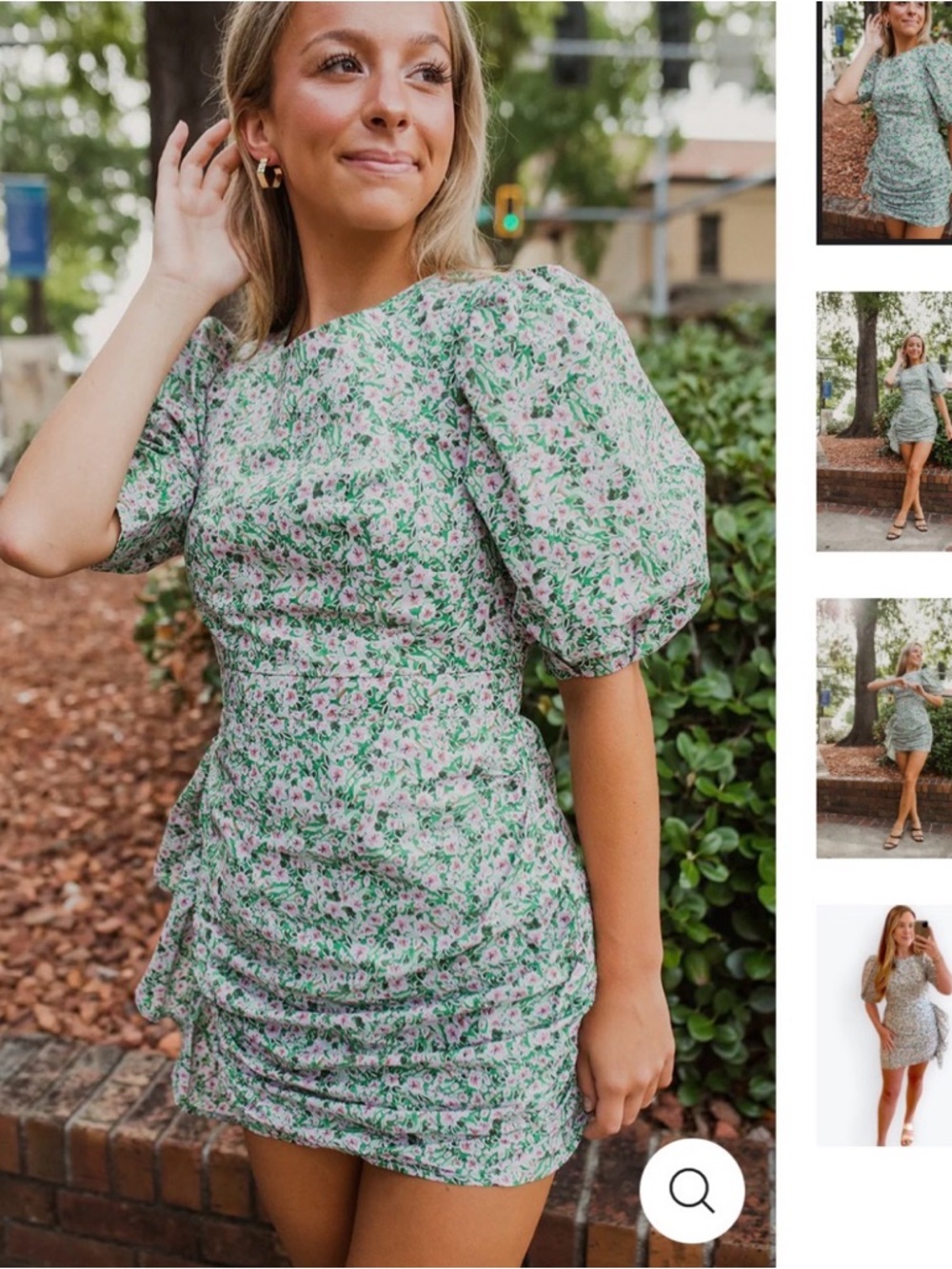 Floral Puff-Sleeve Mini Dress in Green and Pink
